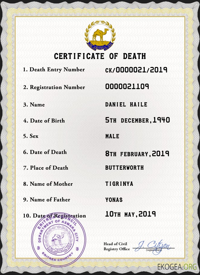 Modèle PSD de certificat de décès de l'état civil de l'Érythrée